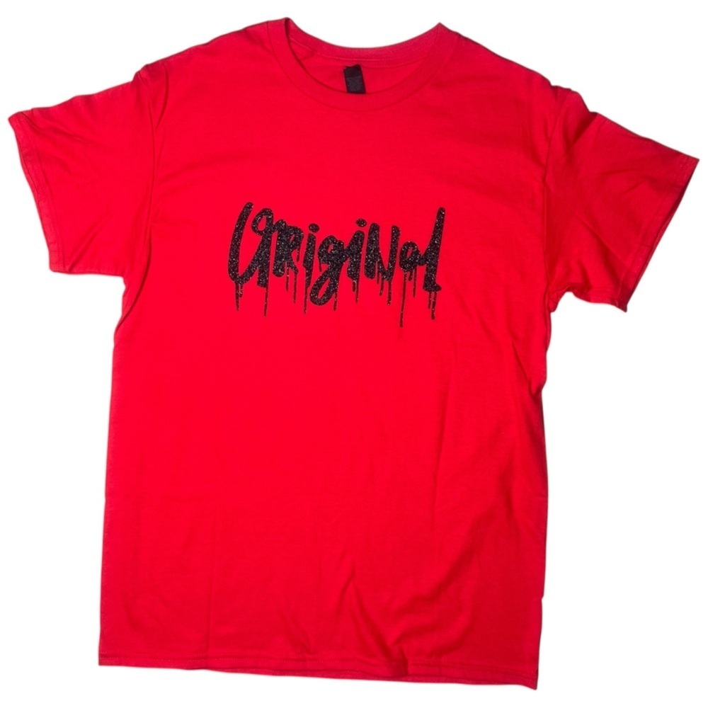 Sz medium Red Graphic Tee with Black Glitter Original Text